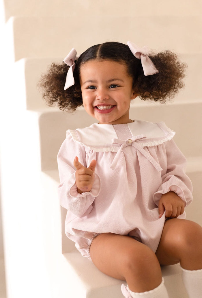 Girls Pink Cord Romper With Bow Detail