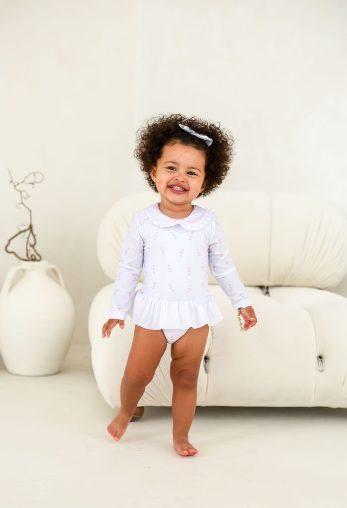 Girls Pink Ditsy Long Sleeve Swimsuit