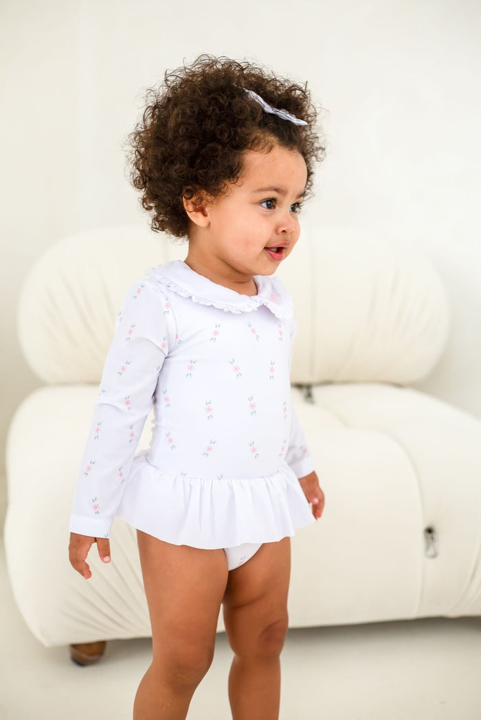Girls Pink Ditsy Long Sleeve Swimsuit