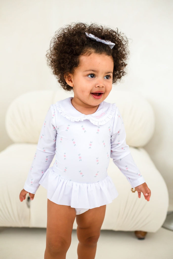 Girls Pink Ditsy Long Sleeve Swimsuit