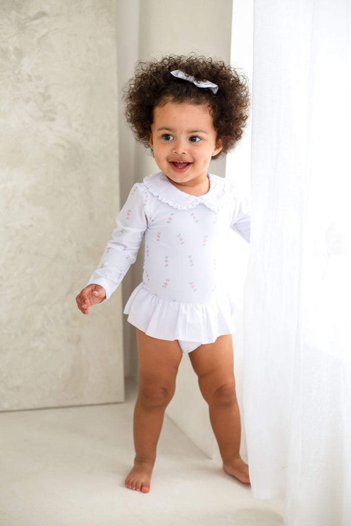 Girls Pink Ditsy Long Sleeve Swimsuit