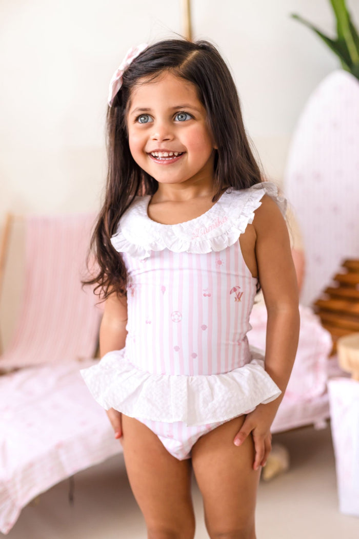 Girls Pink Personalised Beach Bebé Sleeveless Swimsuit