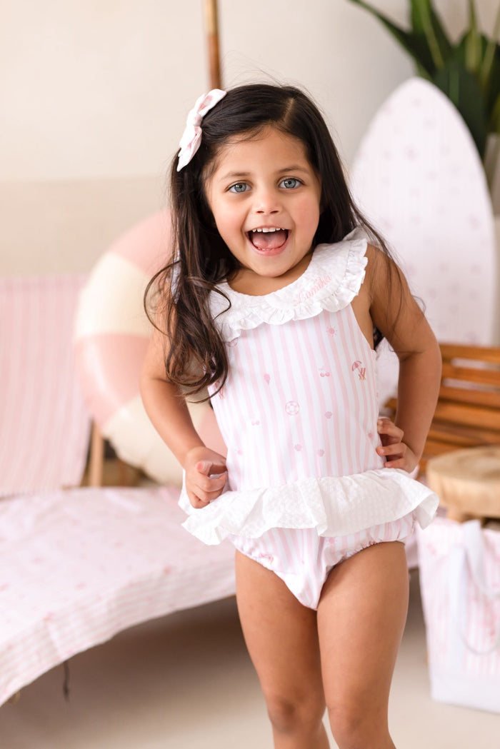 Girls Pink Personalised Beach Bebé Sleeveless Swimsuit
