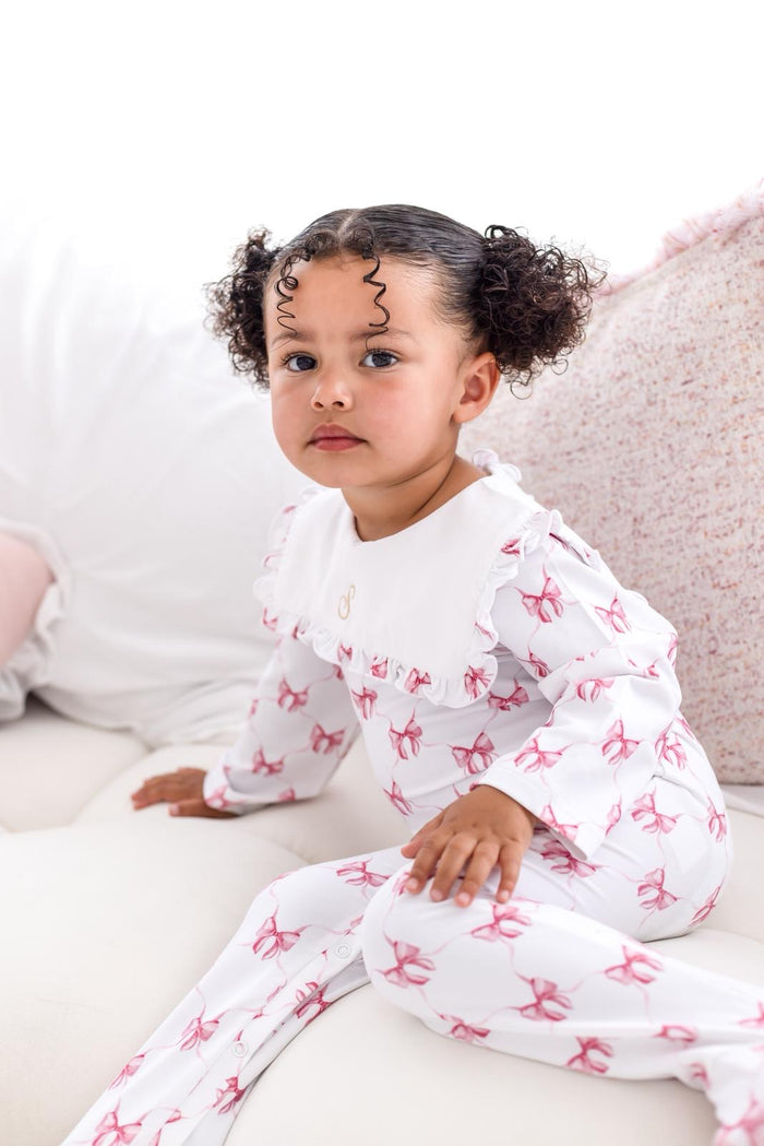 Girls Pink Personalised Bow Print Babygrow