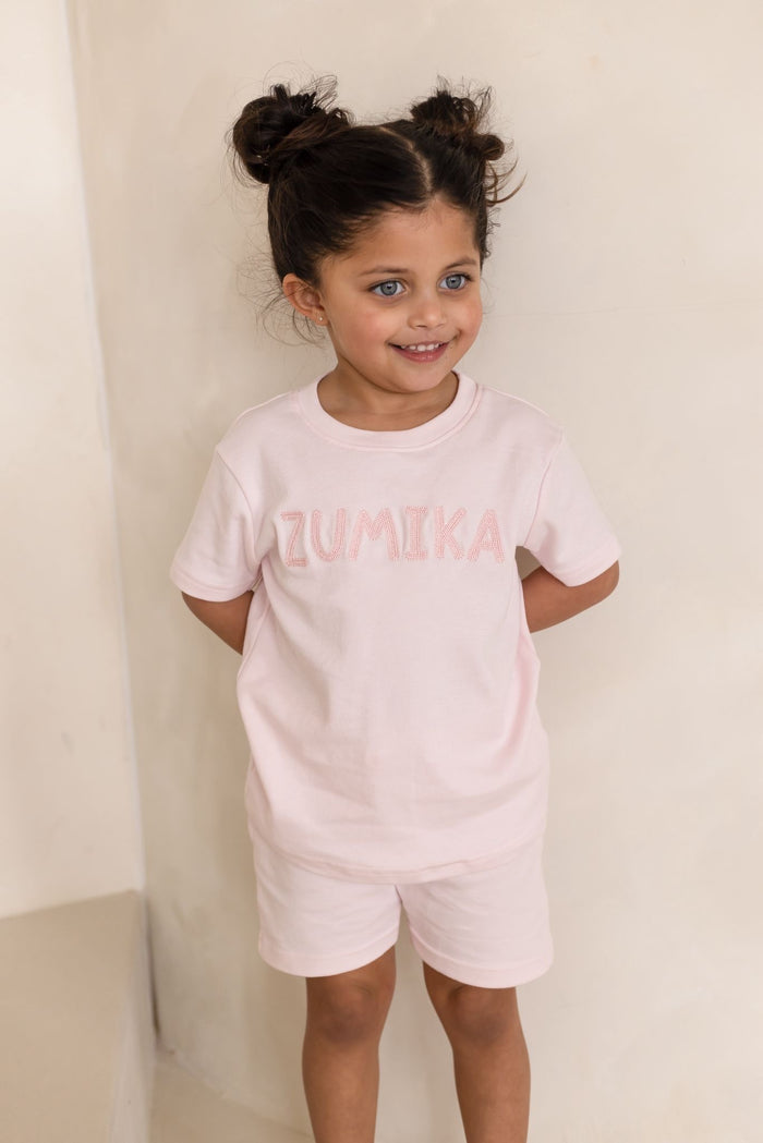 Girls Pink Personalised Cotton T-shirt and Short Set