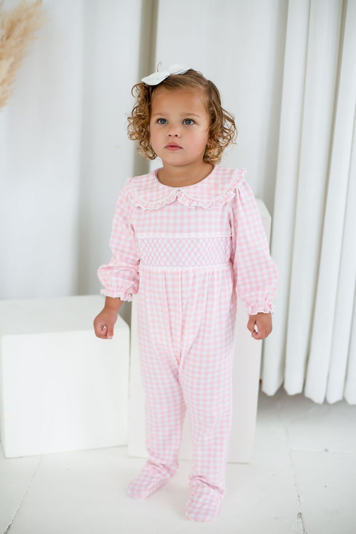 Girls Pink Personalised Gingham Dreams Smocked baby grow