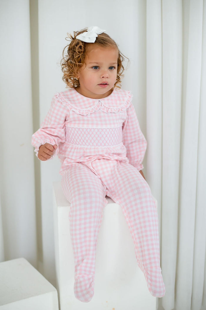 Girls Pink Personalised Gingham Dreams Smocked baby grow