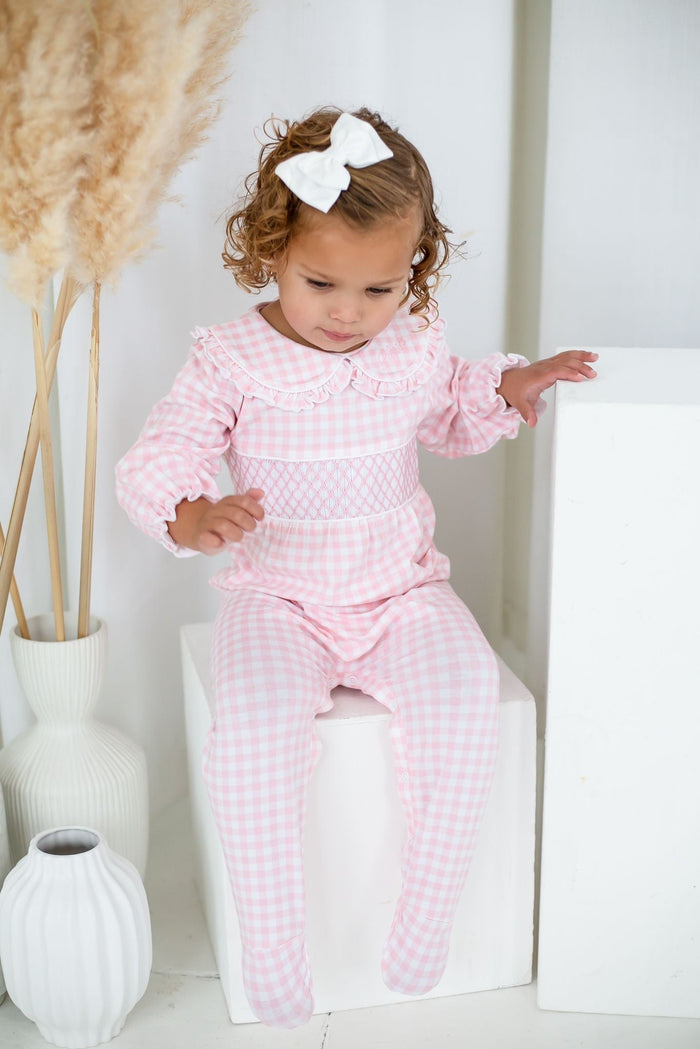 Girls Pink Personalised Gingham Dreams Smocked baby grow