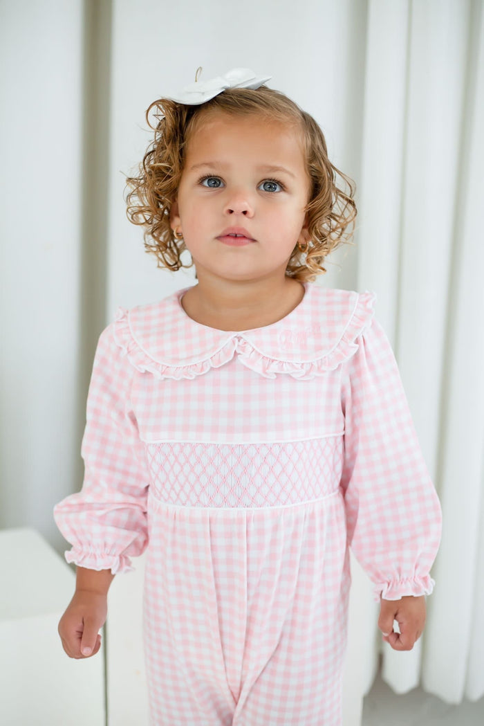 Girls Pink Personalised Gingham Dreams Smocked baby grow