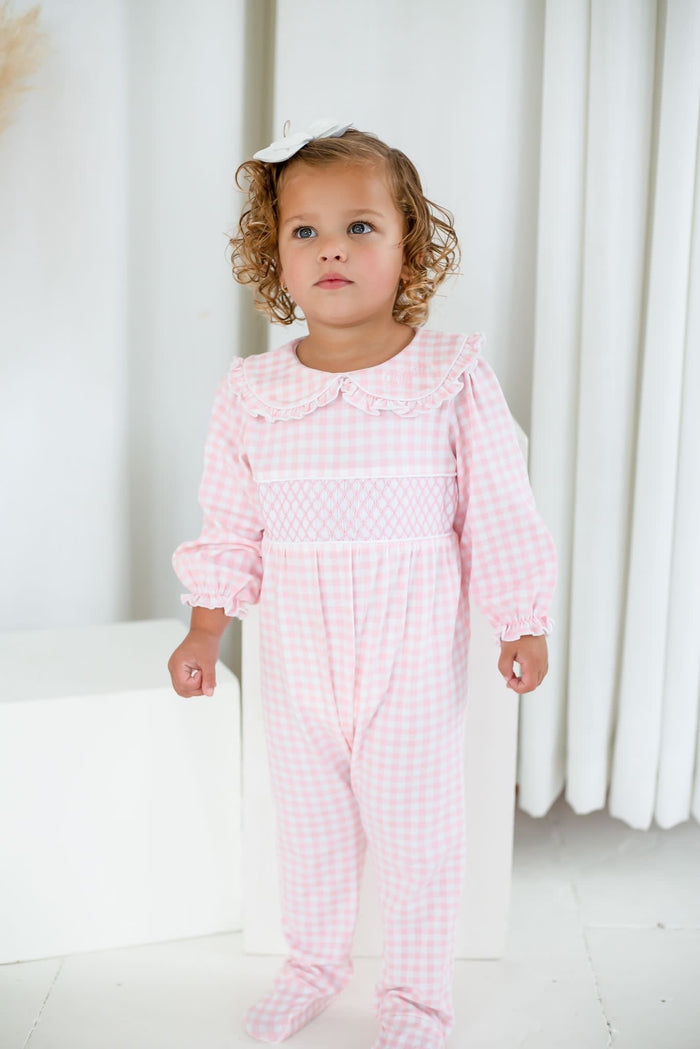 Girls Pink Personalised Gingham Dreams Smocked baby grow