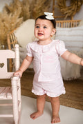 Girls Pink Personalised Linen Frill Top and Short Set