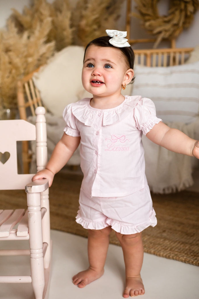 Girls Pink Personalised Linen Frill Top and Short Set