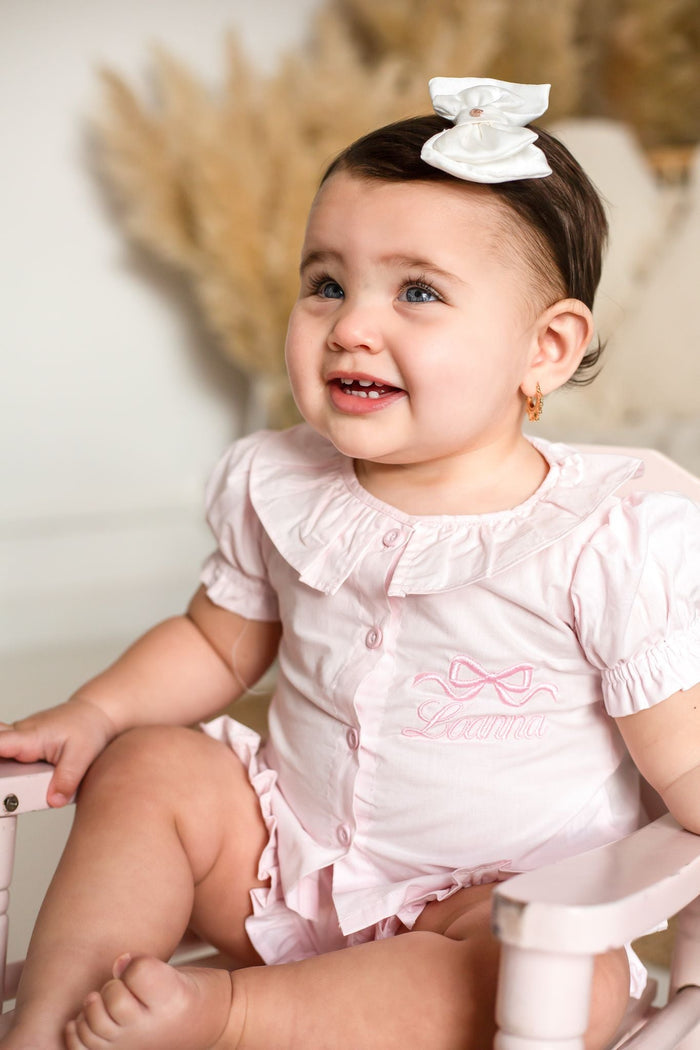 Girls Pink Personalised Linen Frill Top and Short Set