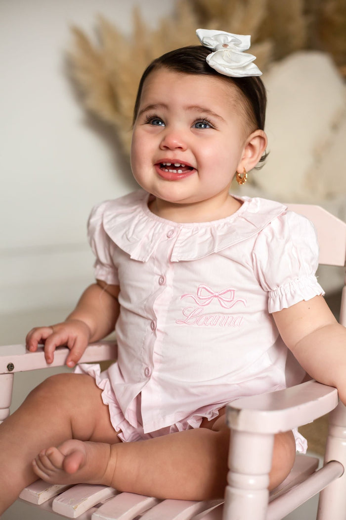Girls Pink Personalised Linen Frill Top and Short Set