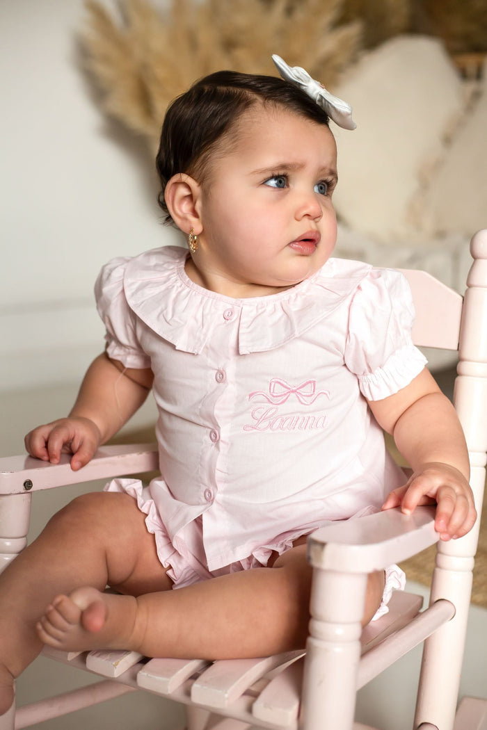 Girls Pink Personalised Linen Frill Top and Short Set