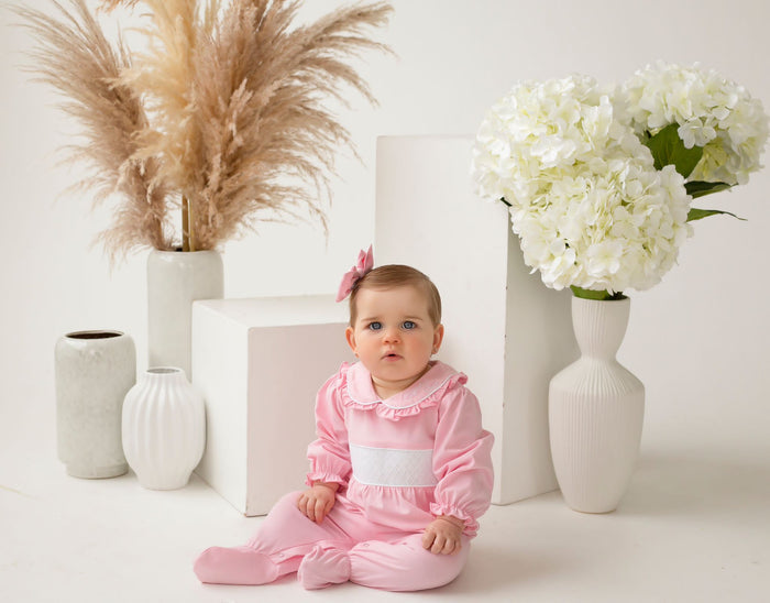 Girls Pink Personalised Smocked Baby grow
