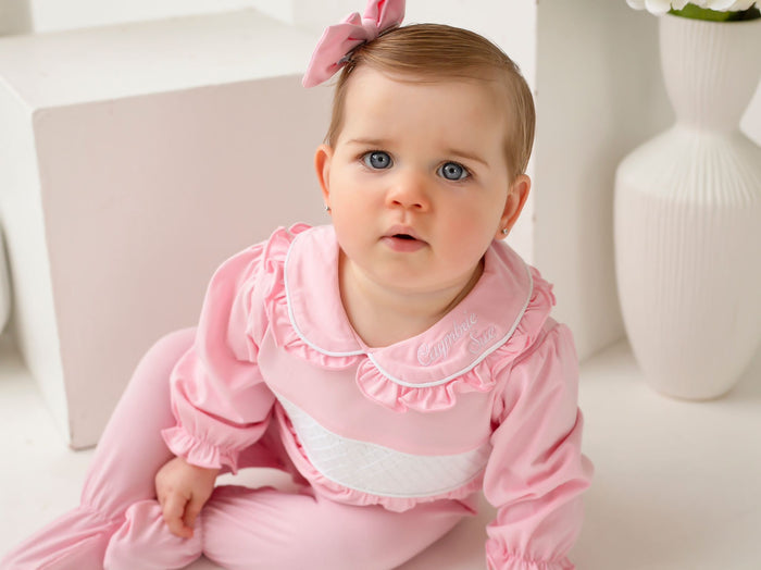 Girls Pink Personalised Smocked Baby grow