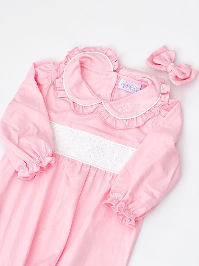Girls Pink Personalised Smocked Baby grow
