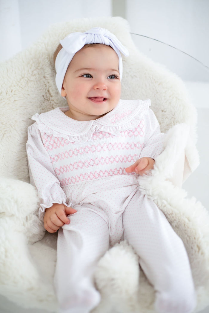Girls Pink Personalised Swiss Dot Smocked baby grow