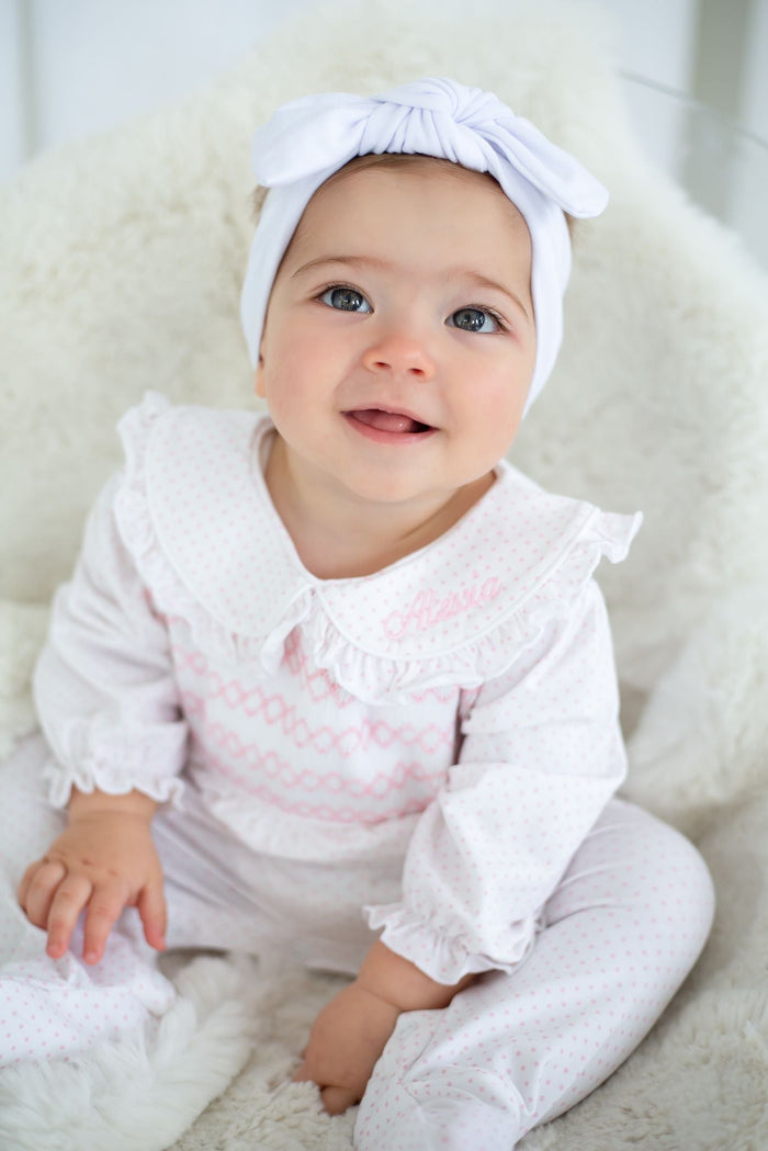 Girls Pink Personalised Swiss Dot Smocked baby grow