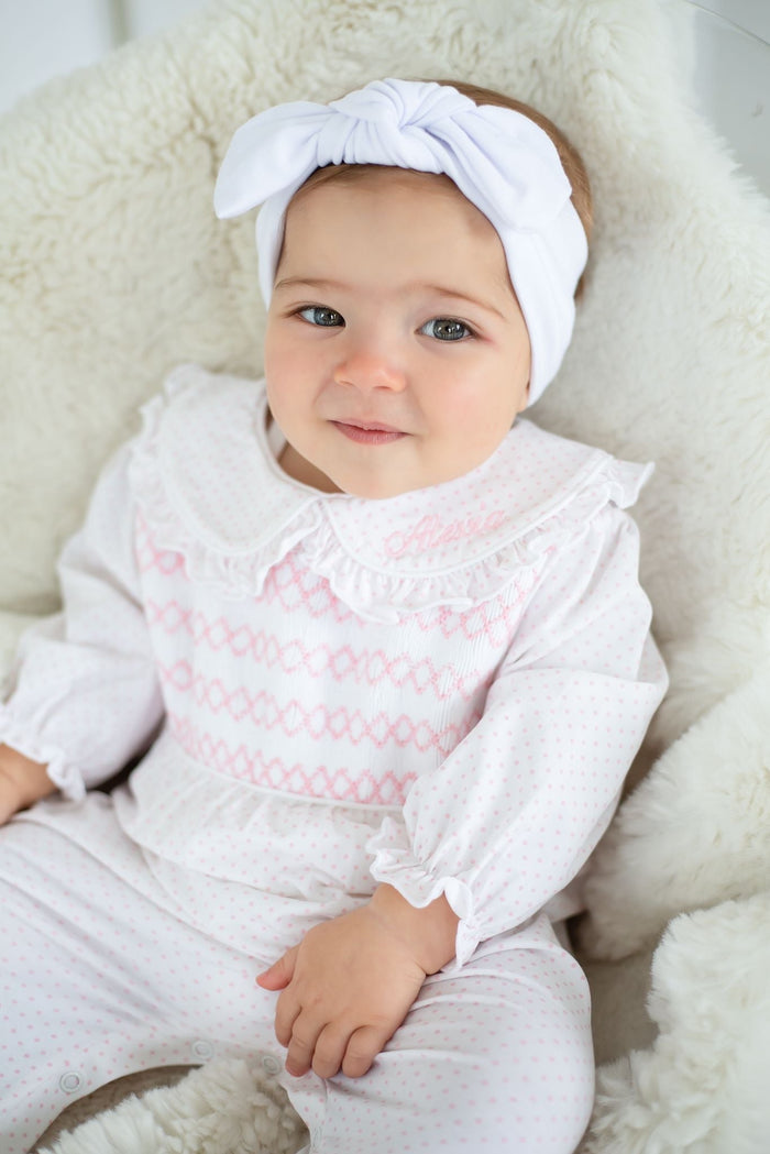 Girls Pink Personalised Swiss Dot Smocked baby grow
