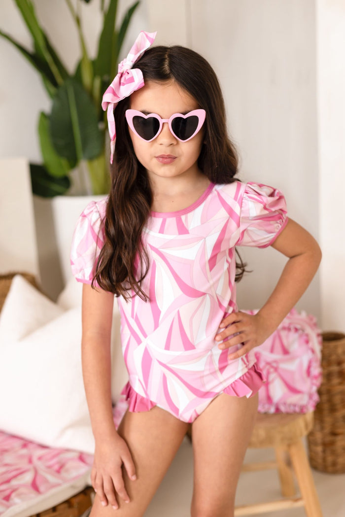 Girls Pink Riviera Muse Puff Sleeve Swimsuit