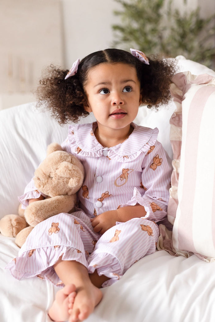 Girls Pink Stripe Personalised Teddy Bear Long Sleeve and Leg Pyjamas
