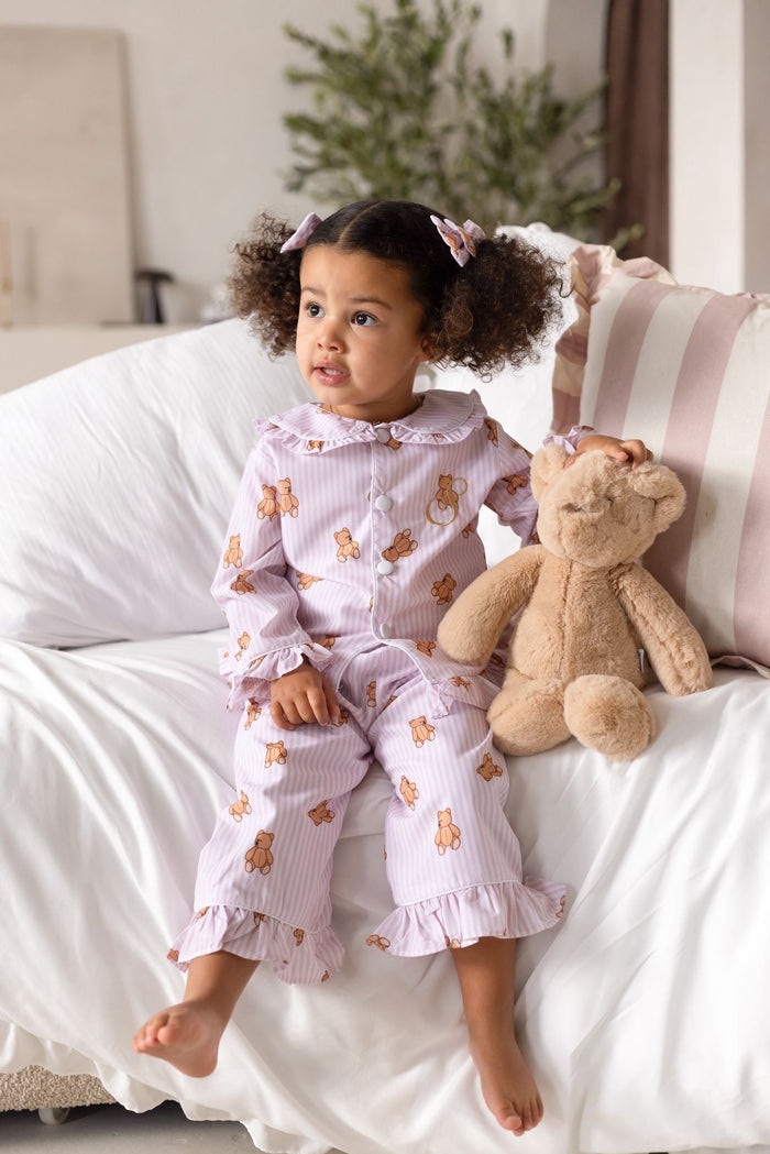 Girls Pink Stripe Personalised Teddy Bear Long Sleeve and Leg Pyjamas