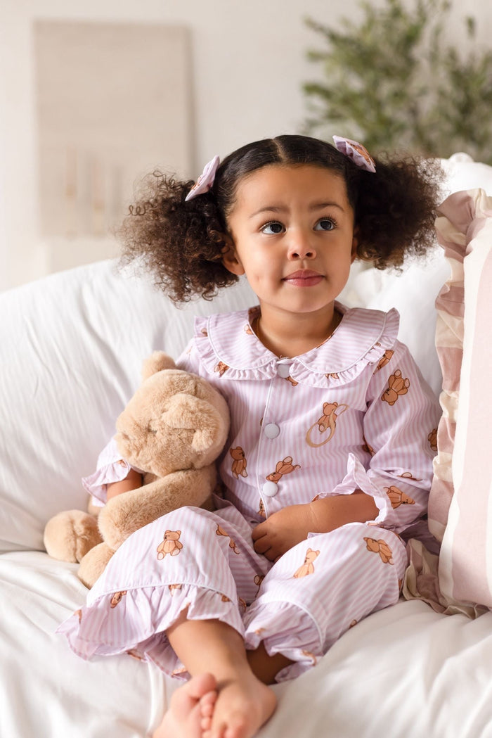 Girls Pink Stripe Personalised Teddy Bear Long Sleeve and Leg Pyjamas