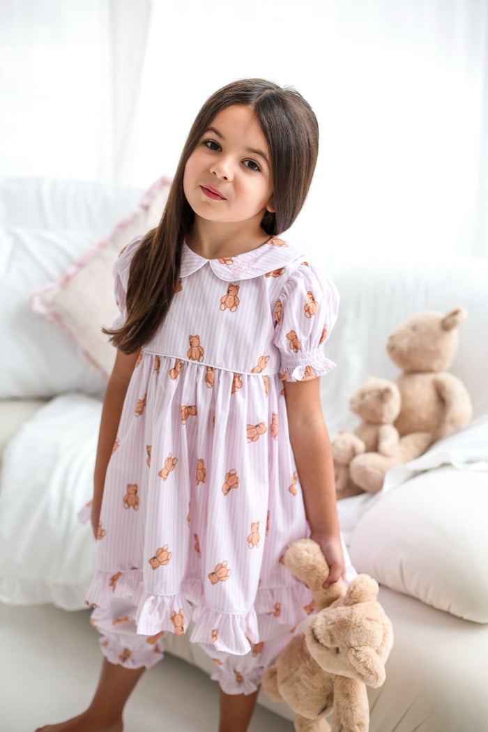 Girls Pink Stripe Personalised Teddy Bear Pyjamas