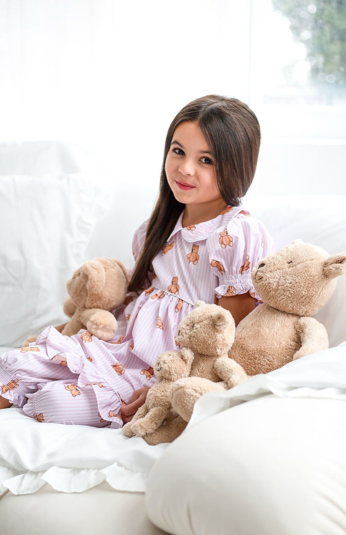 Girls Pink Stripe Personalised Teddy Bear Pyjamas
