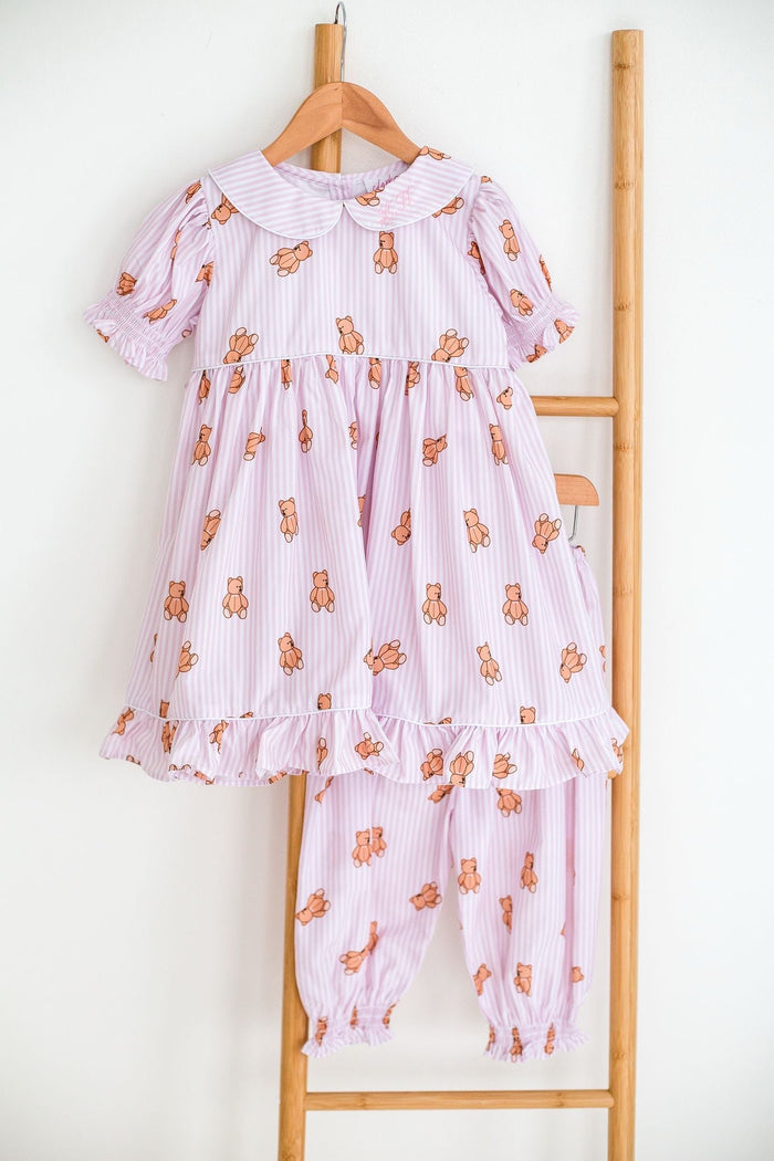 Girls Pink Stripe Personalised Teddy Bear Pyjamas