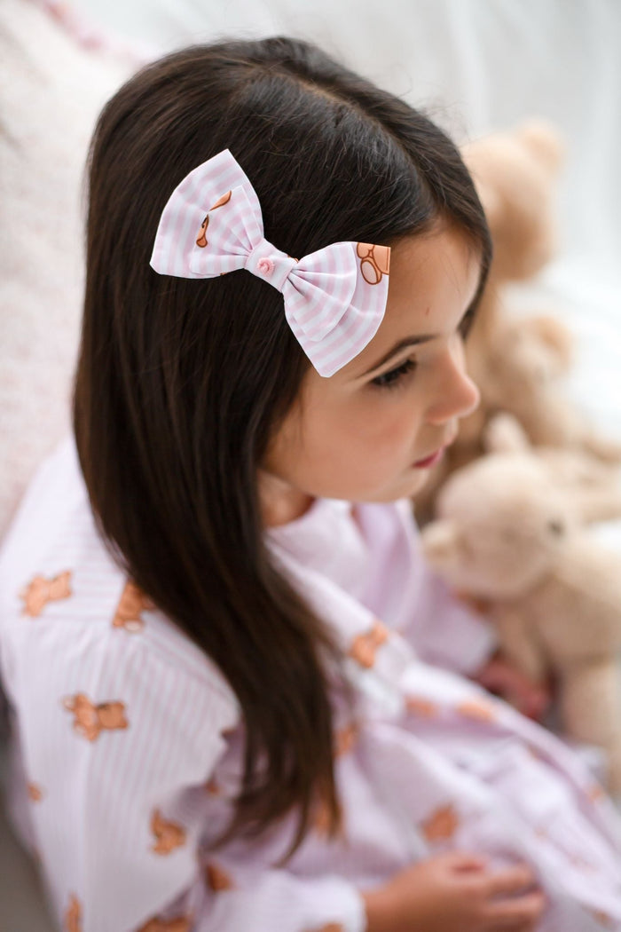 Girls Pink Stripe Teddy Bear Small Hair Bow