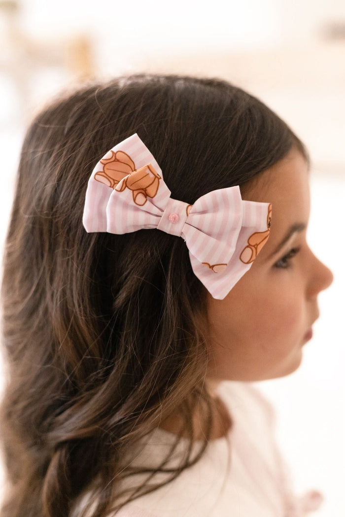 Girls Pink Stripe Teddy Bear Small Hair Bow