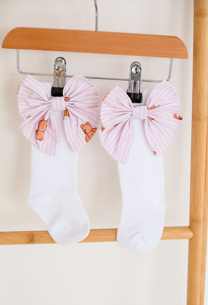 Girls Pink Stripe Teddy Bear Socks