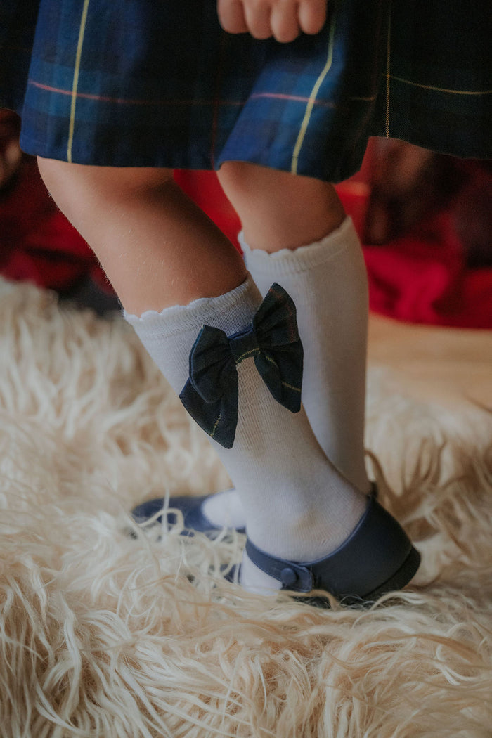 Girls Royal Navy Tartan Bow Socks
