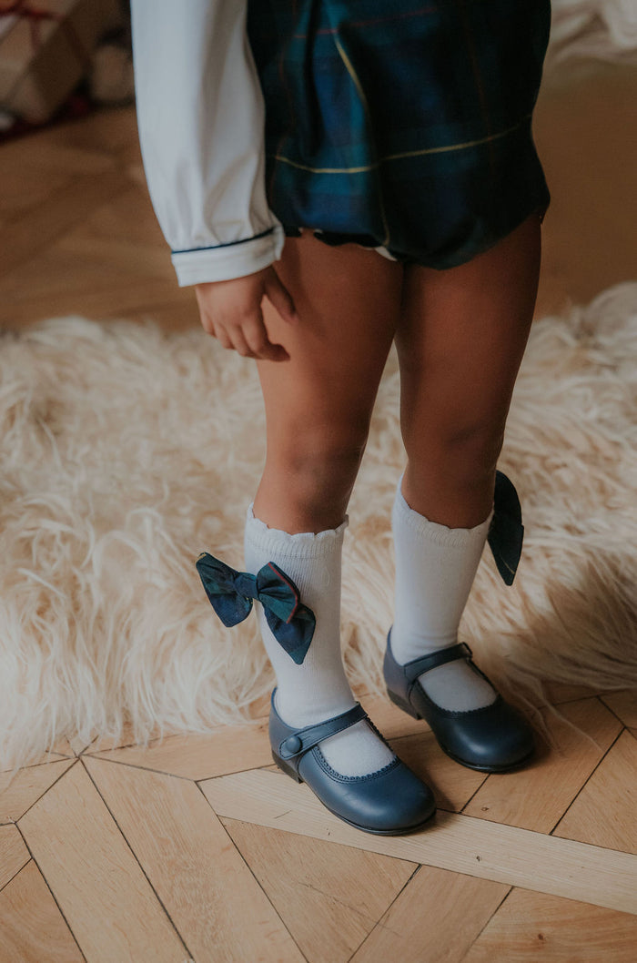 Girls Royal Navy Tartan Bow Socks