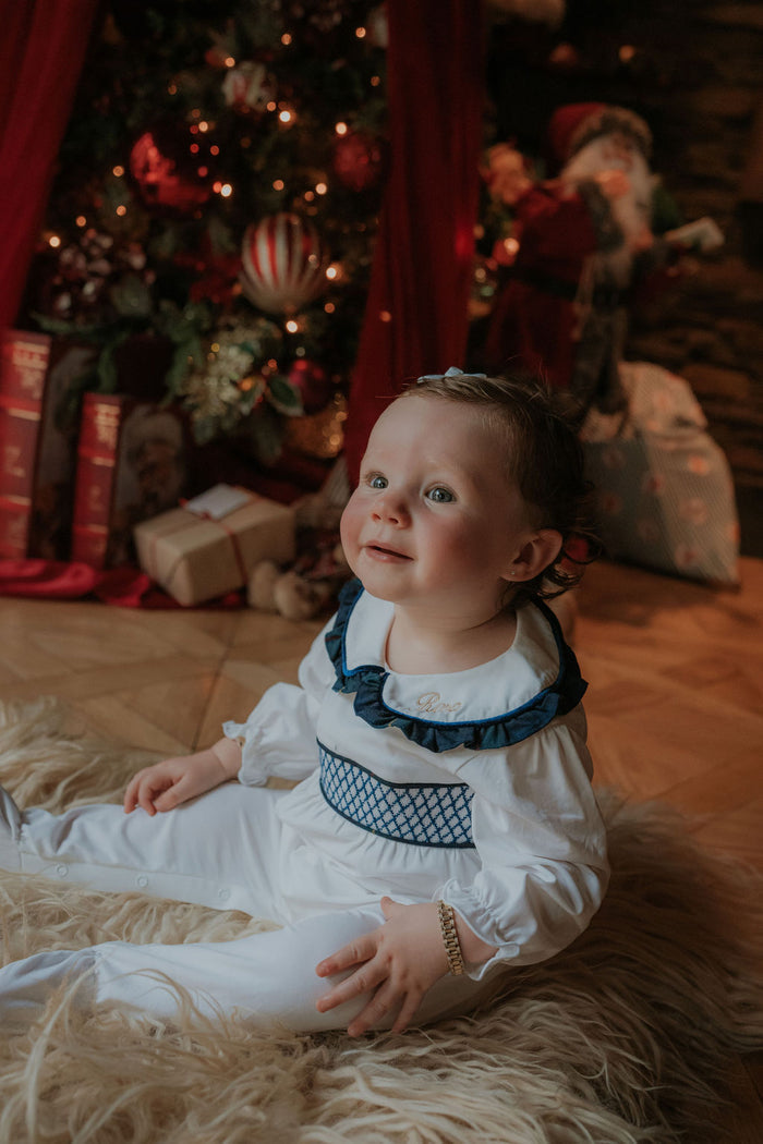 Girls White Personalised Smocked Babygrow Trimmed With Royal Navy Tartan