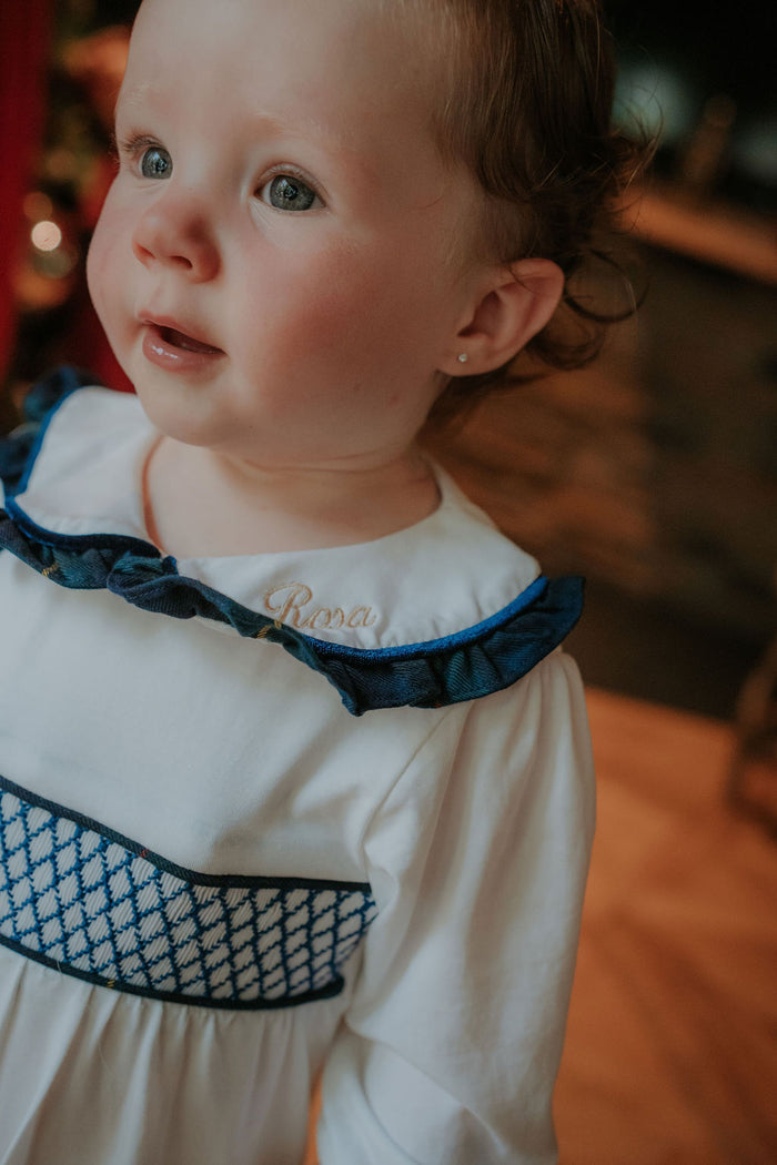 Girls White Personalised Smocked Babygrow Trimmed With Royal Navy Tartan
