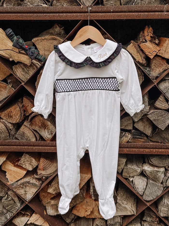 Girls White Personalised Smocked Babygrow Trimmed With Royal Navy Tartan