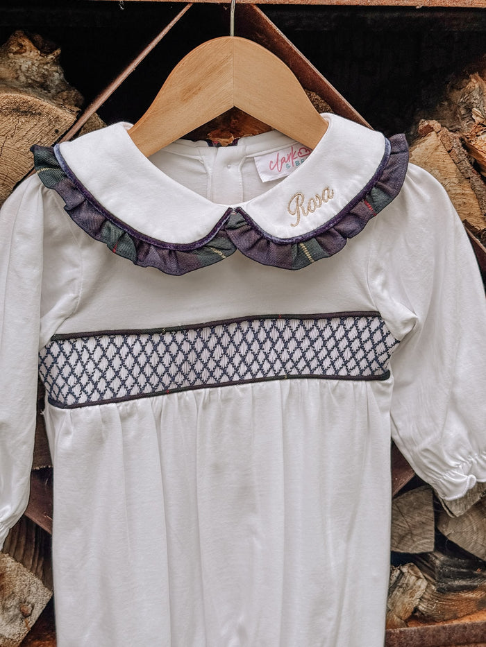 Girls White Personalised Smocked Babygrow Trimmed With Royal Navy Tartan