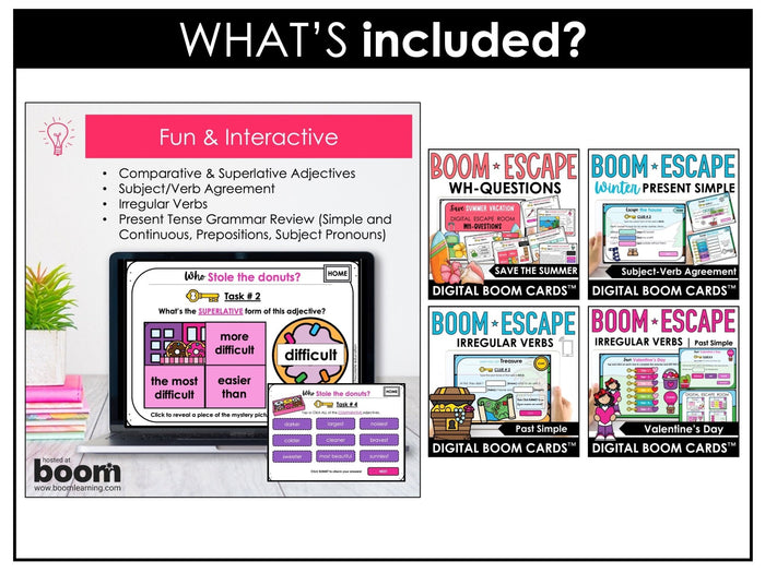 Grammar Escape Activities | Boom Card™ Bundle | Verbs, Parts of Speech for ESL - Hot Chocolate Teachables