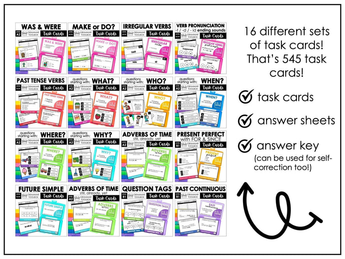 Grammar Task Cards Bundle - WH Questions, Past & Future Verb Tenses - A2 B1 ESL - Hot Chocolate Teachables