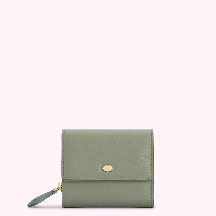 Sage green leather wallet with gold lip detail.