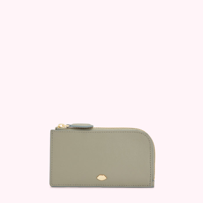 Sage green leather zip-around wallet against a white background.