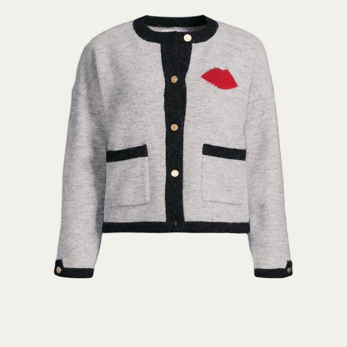Gray cardigan with black accents and a red lip print on a white background