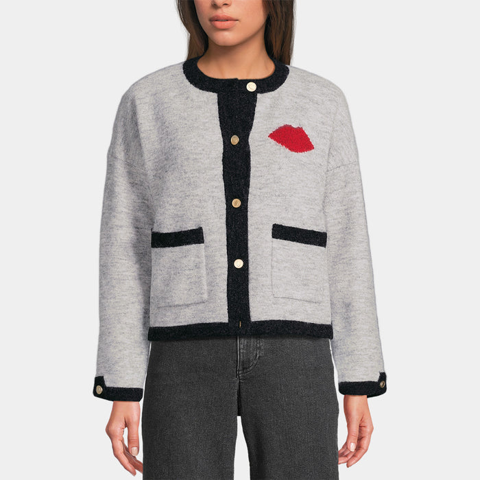 Gray cardigan with black trim and red knitted lip detail on a white background