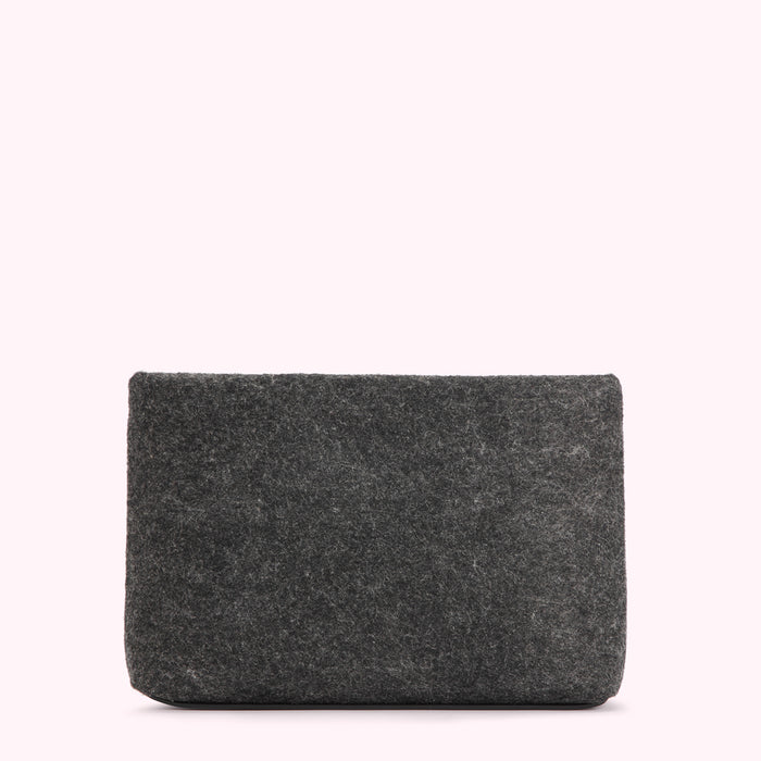 Dark grey felt pouch on a white background.