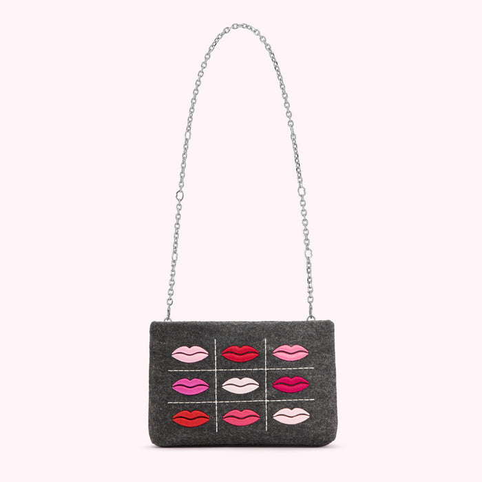 Gray felt crossbody bag with a silver chain strap and lips pattern.