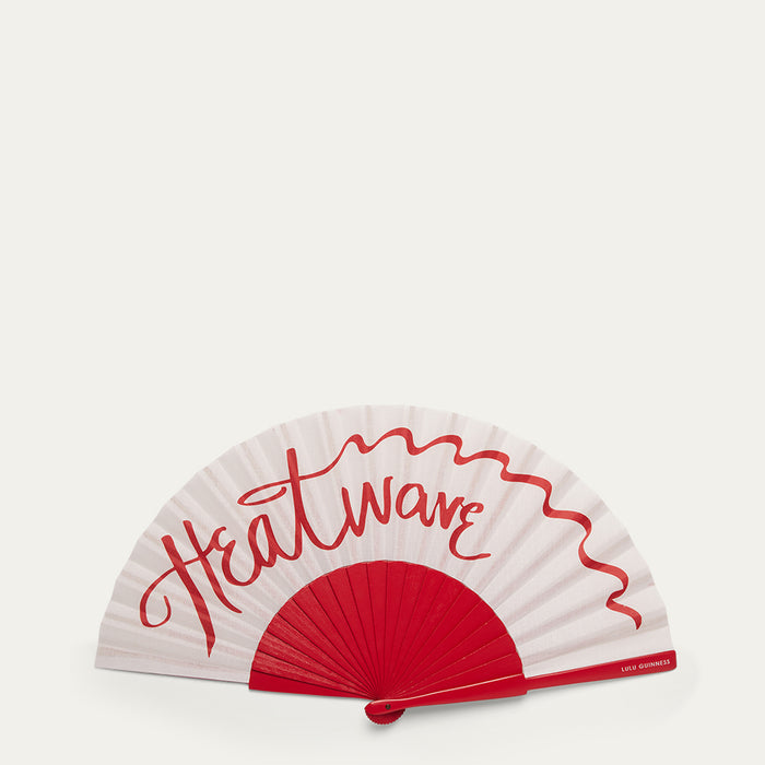 Handheld fan with red and white design and 'Heatwave' slogan on a light gray background